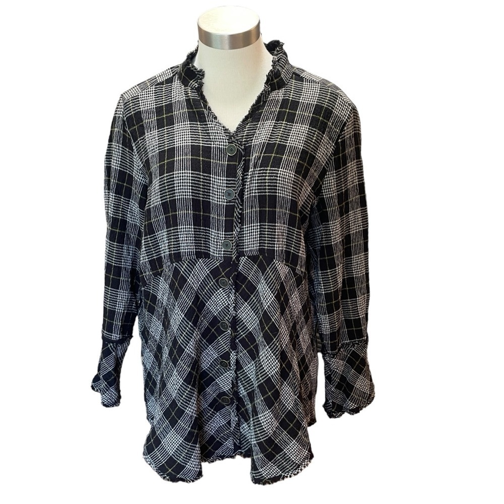 Habitat Clothes to Live In Top Button Up Black Plaid Gauzy Sz. S